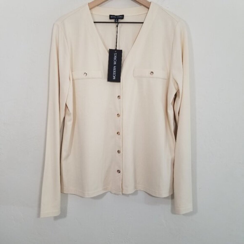 NWT Modern Works Button Up Top Blouse Long Sleeve Stretchy Size L